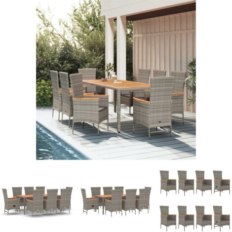 Liegefunktion - vidaXL 9-tlg. Garten-Essgruppe mit Kissen Grau Poly Rattan - Sitzkissen