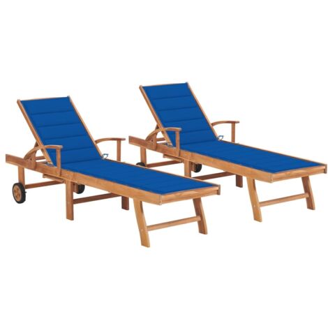 Liegestühle Set von 2 mit royalblauen Kissen aus solidem Teakholz