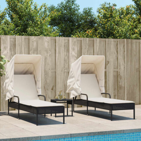 Liegestühle Set von 2 mit Sonnendach und Tisch Schwarz Poly Rattan