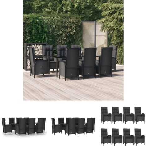 Liegestuhl - vidaXL 9-tlg. Garten-Essgruppe mit Kissen Schwarz Poly Rattan - Sitzkissen