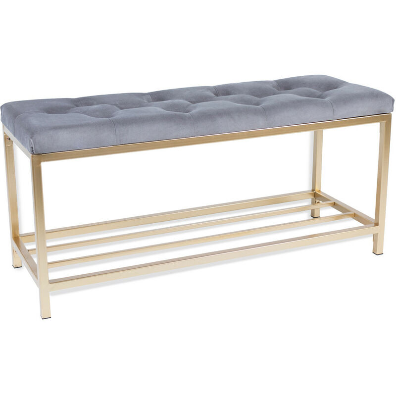 

Banco zapatero asiento para 2, Banco terciopelo gris y dorado, Banqueta dormitorio , Banquetas acolchadas pie de cama, 90x32,5x43cm , hasta 100kg