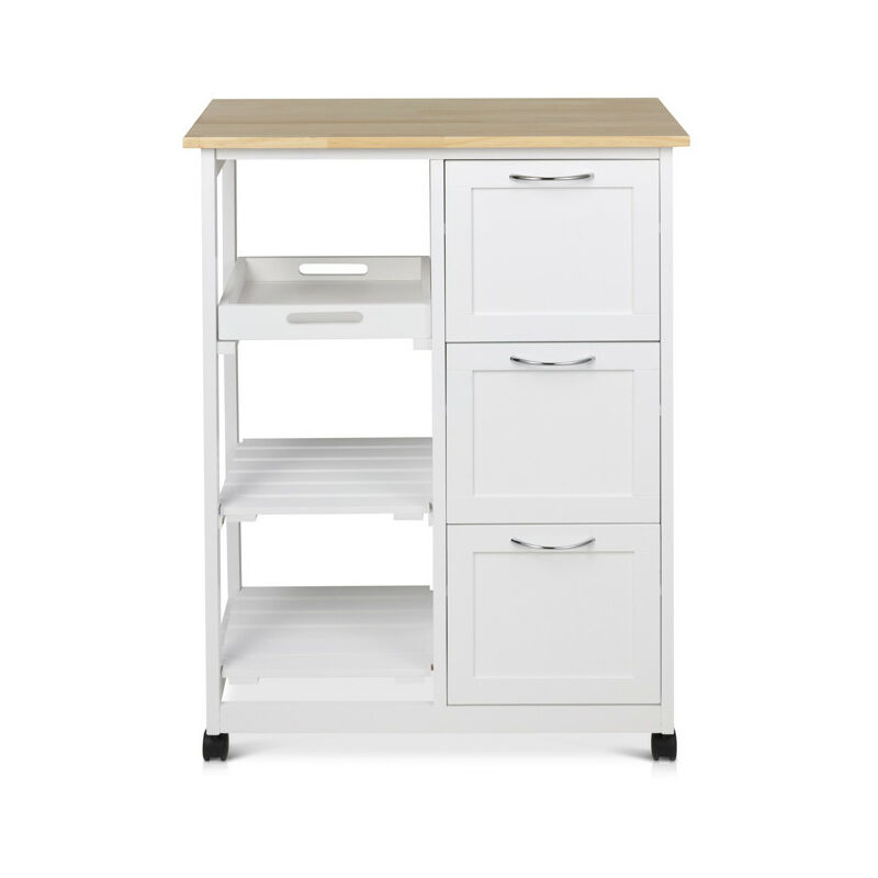 

LIFA LIVING Carrito de cocina blanco con ruedas, Carro de almacenamiento con 3 estantes y 3 cajones, carro de cocina con estante de madera de pino,