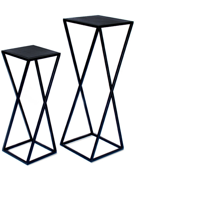

conjunto dos mesas de jardín, mesitas auxiliar para plantas, mesillas negras madera y metal para dormitorio dos tamaños, 26x26x73cm y 21,5x21,5x57cm