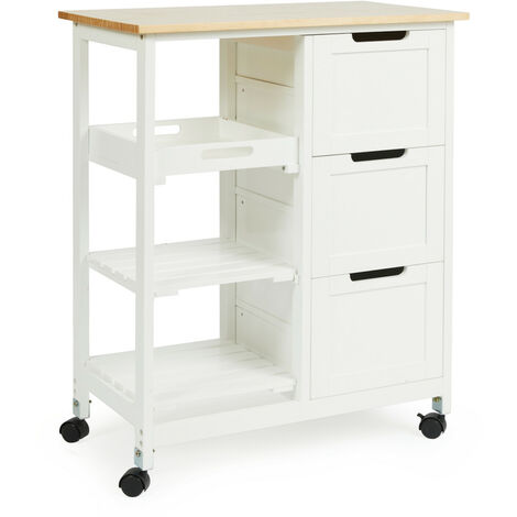 LIFA LIVING Desserte Roulante Cuisine, Chariot à Roulette, Meuble de Cuisine Rangement, Armoire de Cuisine avec Tiroir, Meuble à Roulette avec Plan de Travail, Chariot de Service Desserte de Cuisine - Bois blanc