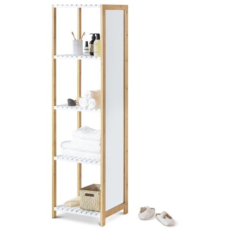 LIFA LIVING Estantería con Espejo, Estantería de suelo con 4 estantes, para Zapatos, Ropa y Decoración, Madera de bambú y Caucho, 35 x 45 x 160 cm