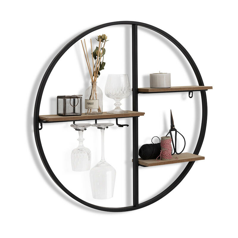 

LIFA LIVING estantería pared metálica, estantería moderna de madera, estantería redonda con soporte de copas de vino 3 estantes Ø 58 cm