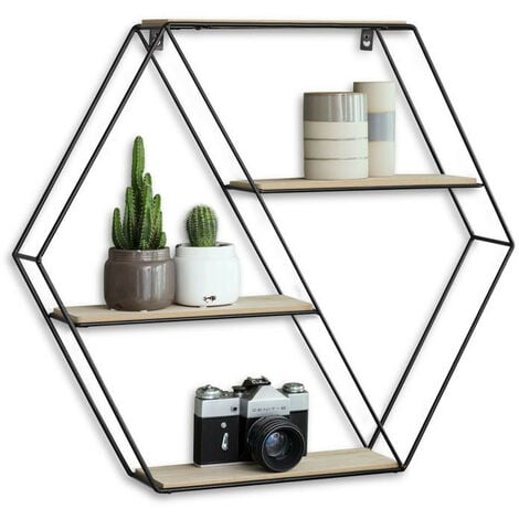 LIFA LIVING Hexagon Wandregal aus Metall und Holz mit 4 Böden, Schwarzes Industrie Gewürzregal mit 4 Etagen, Hängeregal, 58 x 51 x 11 cm