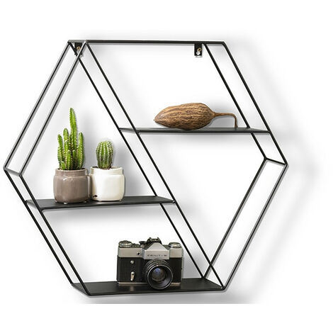 LIFA LIVING Hexagon Wandregal aus Metall und Holz mit 4 Böden, Schwarzes Industrie Gewürzregal mit 4 Etagen, Hängeregal, 58 x 51 x 11 cm