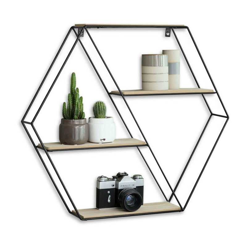LIFA LIVING Hexagon Wandregal aus Metall und Holz mit 4 Böden
