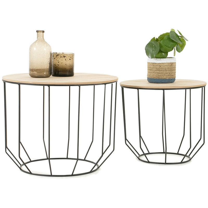 

LIFA LIVING Mesita de Centro Redonda con Jaula | Juego de 2 mesitas de café con Tapa | Madera y Metal | Salón, Comedor, Sala de Estar, Dormitorio |