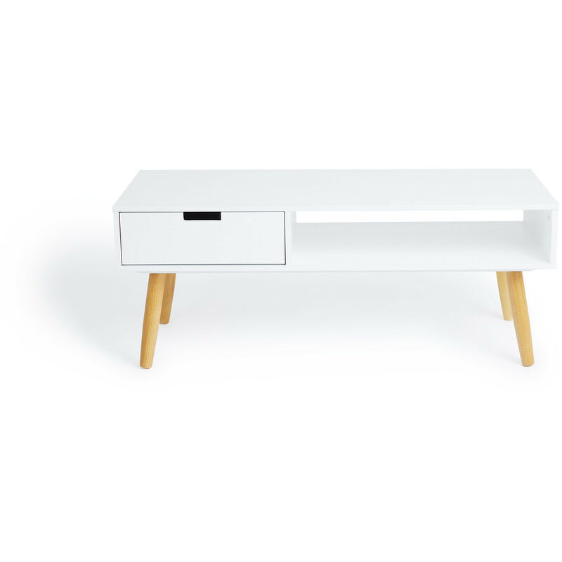 

Mueble TV blanco, Mesa televisión de diseño vintage industrial, Soporte para tele con estantes y patas de madera, 40 x 100 x 40 cm - Lifa Living