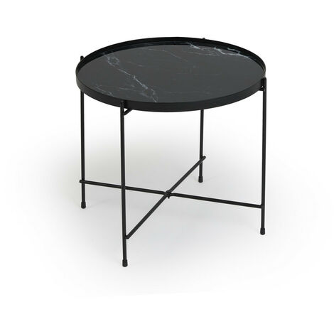 LIFA LIVING Runder Couchtisch in Schwarz, Luxuriöser Beistelltisch aus Metall & Glas, Kaffeetisch im Marmor Design, ø 50 x 38 cm, max. 5 kg belastbar - Schwarz
