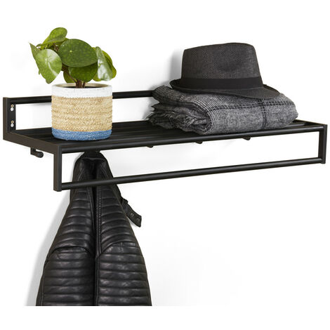 LIFA LIVING Schwarze Wandgarderobe aus Metall mit 5 Haken, Garderobe mit Ablage für die Wand, Kleiderhaken, Garderobenleiste, 75 x 26 x 19,5 cm