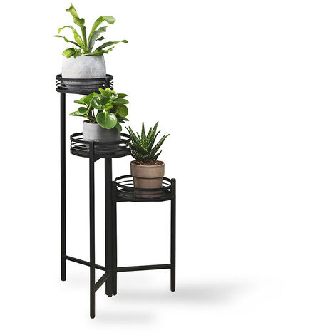 LIFA LIVING Support de Plantes d'Intérieur 3 Étages Noir, Support pour Pot de Fleur 100% Métal, Cache Pot sur Pied Polyvalent et Repliable 25 cm de Diamètre