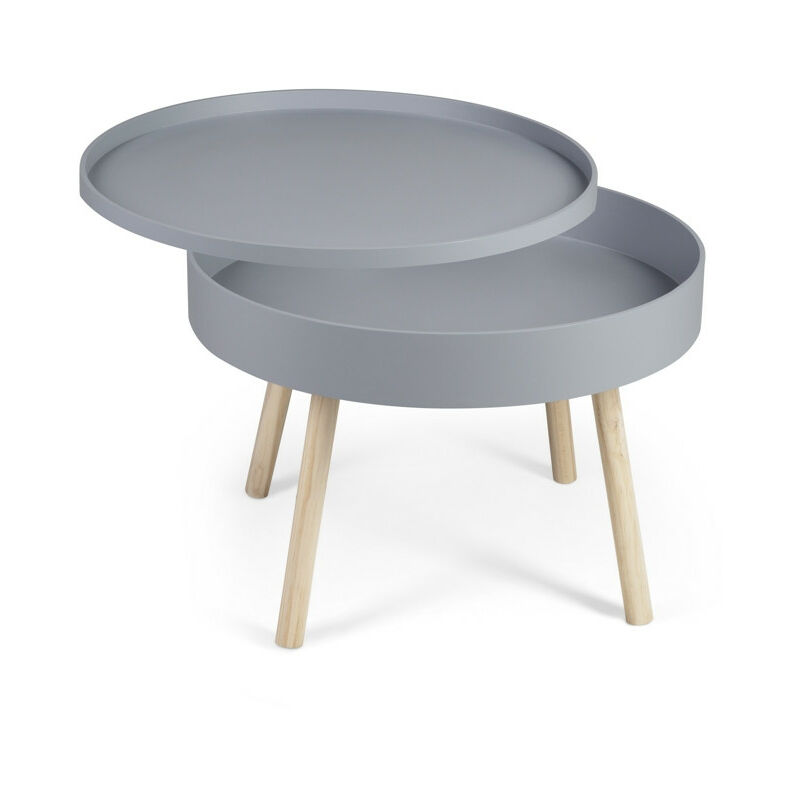 Lifa Living - Table Basse Salon Grise, Table Basse Ronde avec Rangement, Table de Chevet, Forme Ronde avec Quatre Pieds, Bois en Caoutchouc, 60 x 60