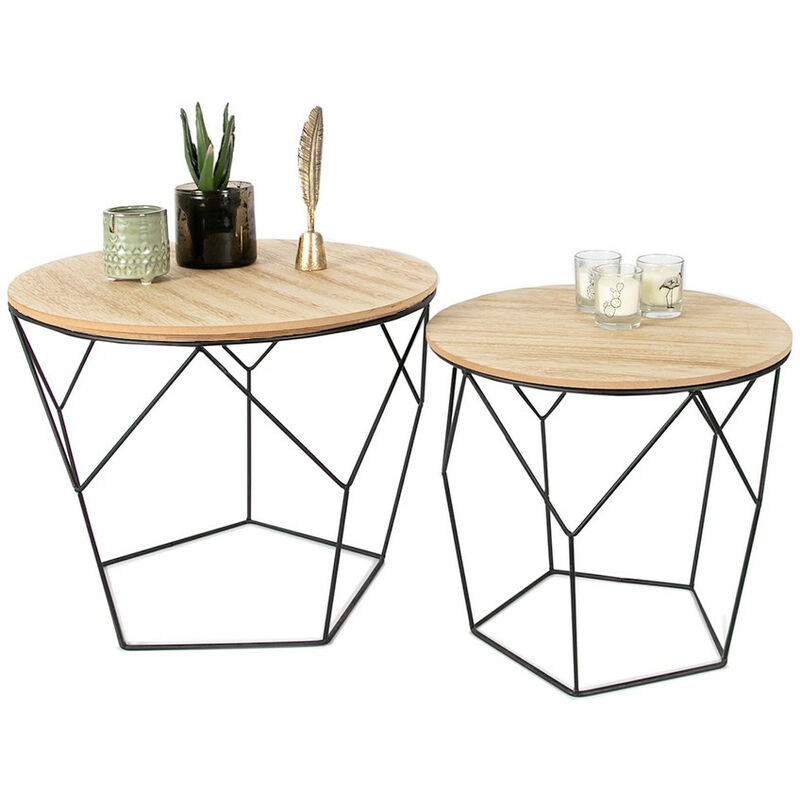 table gigogne noir et naturel ronde, lot de 2 basse design moderne, petite scandinave, bois metal, 36xØ40cm 40xØ50cm