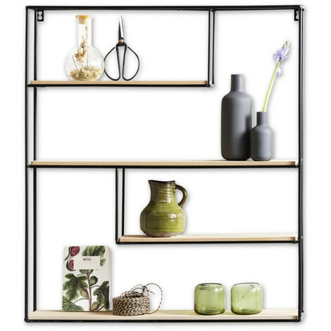 LIFA LIVING Wandregal aus MDF Holz & schwarzem Metall mit 4 Böden, Vintage Schweberegal im Naturstil, Hängeregal mit 4 Etagen, Gewürzregal in 70 x 60 x 11 cm - Schwarz, Braun