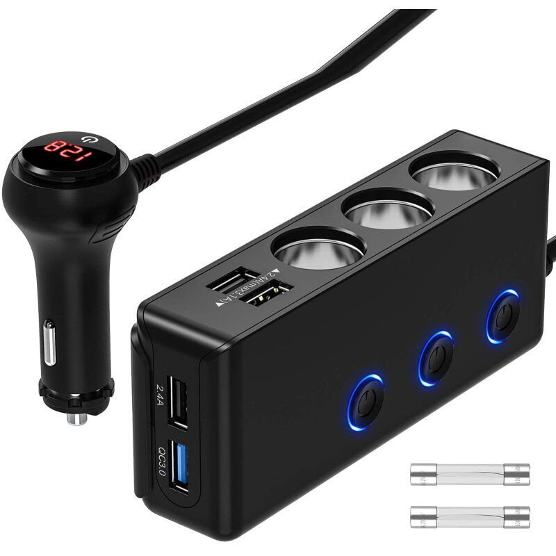 Lifcausal - Chargeur Voiture 120W QC3.0 avec Triple Prise, 4 Ports usb, Affichage de Tension et Interrupteur Adaptateur Rapide 12-24V pour
