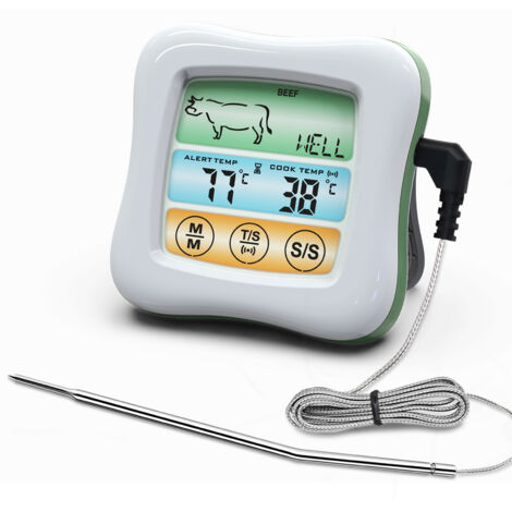 LIFCAUSAL Digitales Fleischthermometer mit 6,6 cm wasserdichter Sonde, farbigem LCD-Touchscreen mit Hintergrundbeleuchtung, Countdown-/Abschalttimer, ideal für Smoker/Öfen/Grills