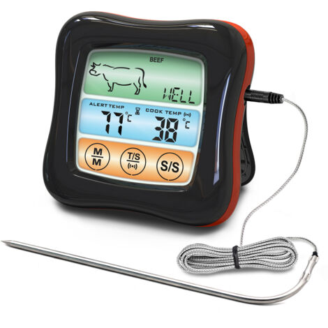 LIFCAUSAL Digitales Fleischthermometer mit nicht wasserdichter Sonde, 6,5 cm, hintergrundbeleuchteter LCD-Touchscreen, Countdown-Funktion/Timer für Smoker, Backofen, Küche und Grill