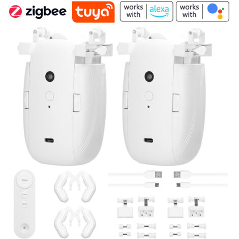 LIFCAUSAL Lot de 2 moteurs de rideau intelligents 3 en 1 Tuya ZigBee, robot électrique pour rideau, ouverture automatique, sans câblage, prise en charge de l'application, télécommande