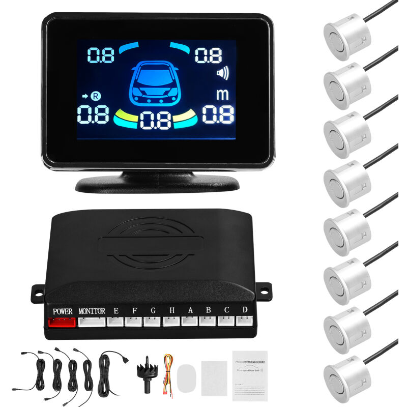 Système de Radar de Recul Avant/Arrière avec 8 Capteurs Avertissement Sonore/Buzzer/Muet Détection de Distance & Affichage lcd Réglable - Lifcausal