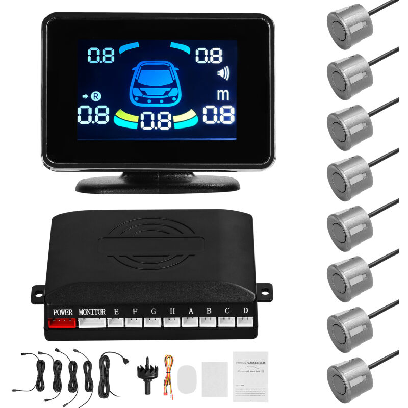 Lifcausal - Système de radar de recul avant/arrière avec 8 capteurs Avertissement sonore (buzzer/muet), détection de distance lcd et réglage de
