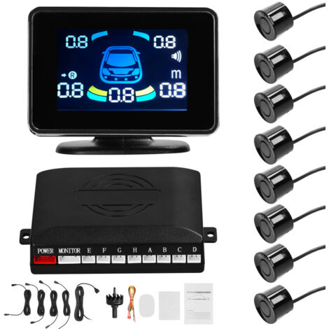 LIFCAUSAL Système de Radars de Recul Avant/Arrière avec 8 Capteurs – Détection de Distance, Affichage LCD, Avertissement Sonore/Buzzer/Mute et Volume Réglable