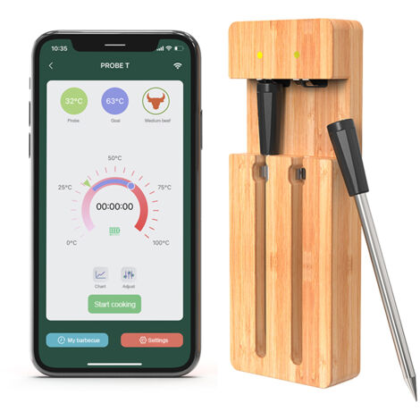 LIFCAUSAL Thermomètre à Viande Intelligent Sans Fil 98FT Bluetooth avec 2 Capteurs Pro, Contrôle par App Étanche, Rechargeable Type-C pour Cuisson BBQ/Four/Grill/Fumoir