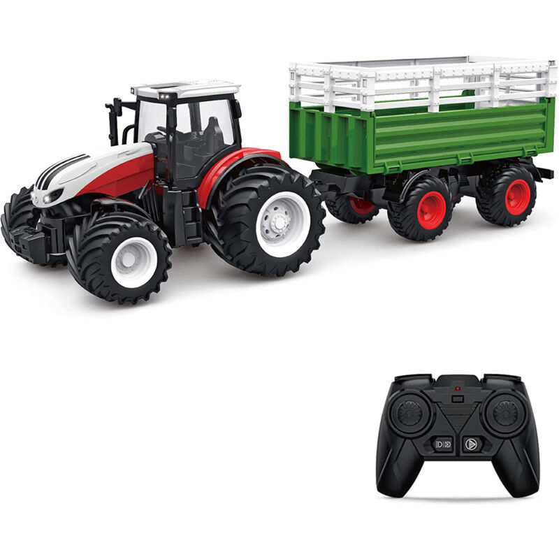 Lifcausal - Tracteur télécommandé, échelle 1:24, 2,4 GHz, jouet avec remorque, pince, balles de foin, tournevis, vaches