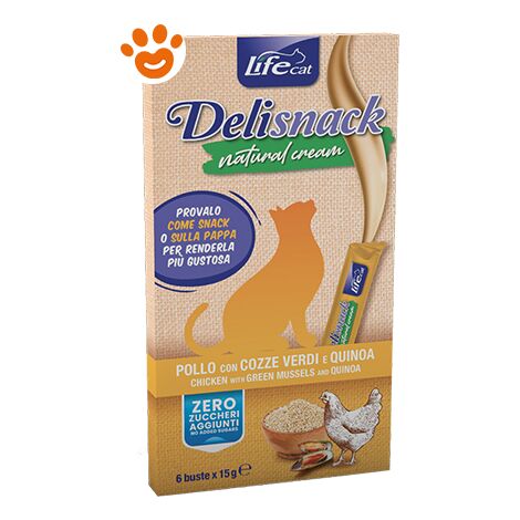 Life Cat Delisnack Natural Cream Pollo Con Cozze Verdi e Quinoa  - Life Cat Delisnack Natural Cream Pollo Con Cozze Verdi e Quinoa - Confezione da 6x15 gr
