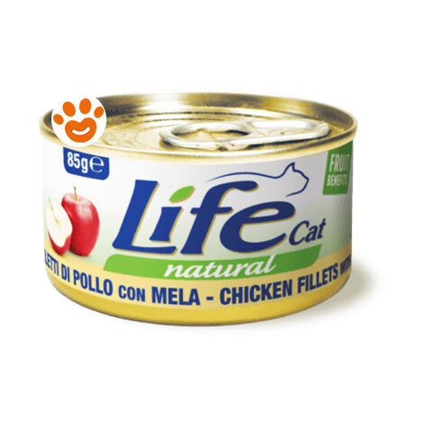Life Cat Natural Filetti di Pollo con Mela  - Life Cat Natural Filetti di Pollo con Mela - Lattina Da 85 Gr