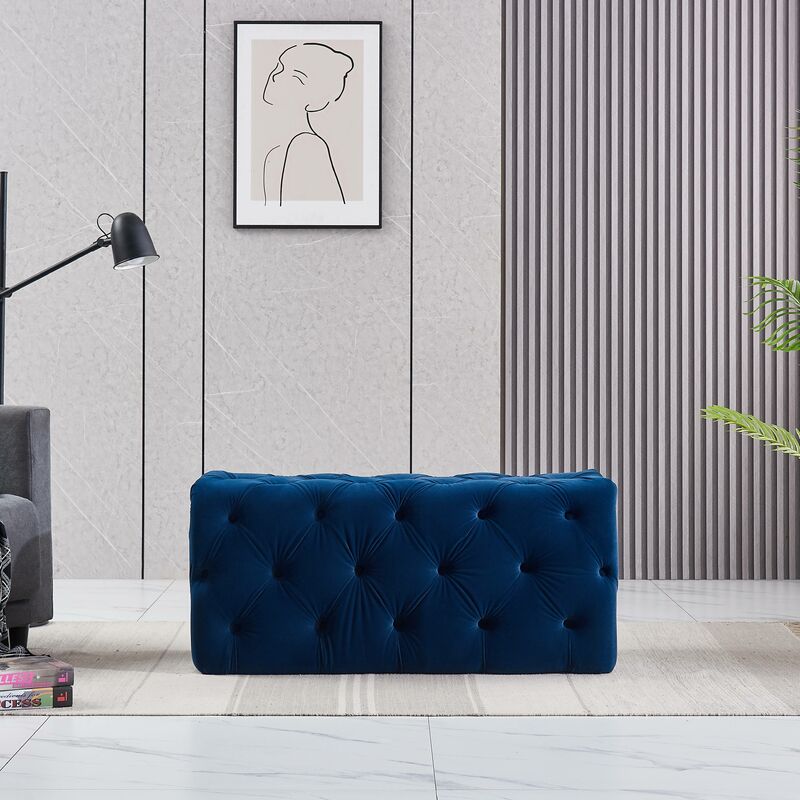 Pn Home - Life Interiors: Melia Velvet Small Rectangle Pouffe | Footrest | Retro Stool | LUX Design | Button Detailed | BLUE