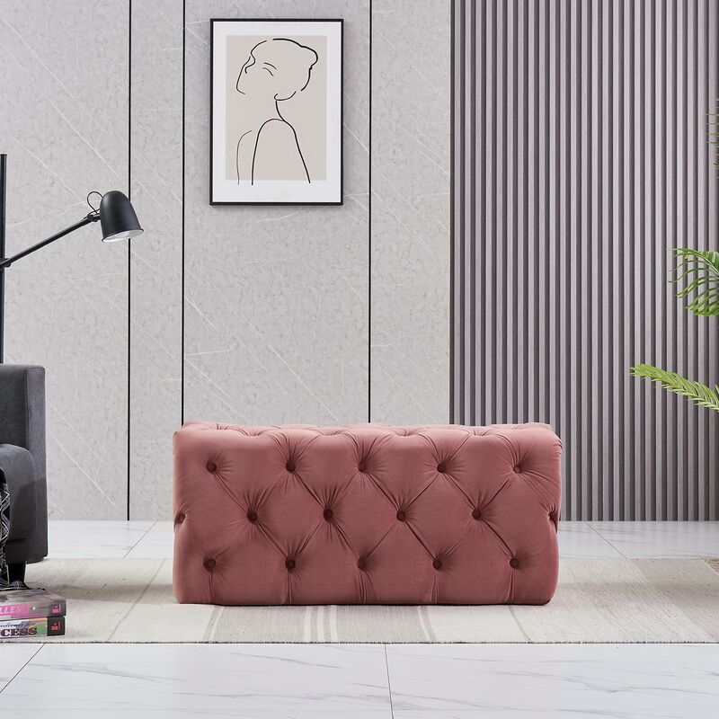 Pn Home - Life Interiors: Melia Velvet Small Rectangle Pouffe | Footrest | Retro Stool | LUX Design | Button Detailed | PINK