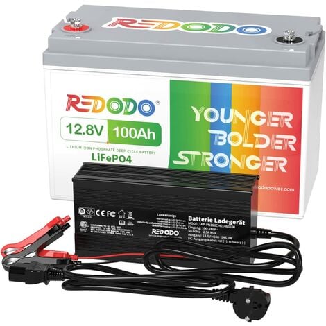 Redodo 12.8V 100Ah LiFePO4 Batterie mit 14.6V 20A Lithium Batterie  Ladegerät Eingebautes 100A BMS, 5-Stunden-schnelle und vollständige  Aufladung, 4000-Zyklus-Batterie für Camping, Solar-Haus