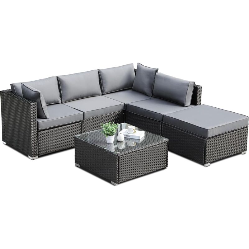 6PCS Salon de Jardin Exterieur en Polyrotin pour 7 Personnes, Salon Jardin Résistant aux Intempéries, avec 1 Canapés Exterieur 2 Fauteuils 1 Table