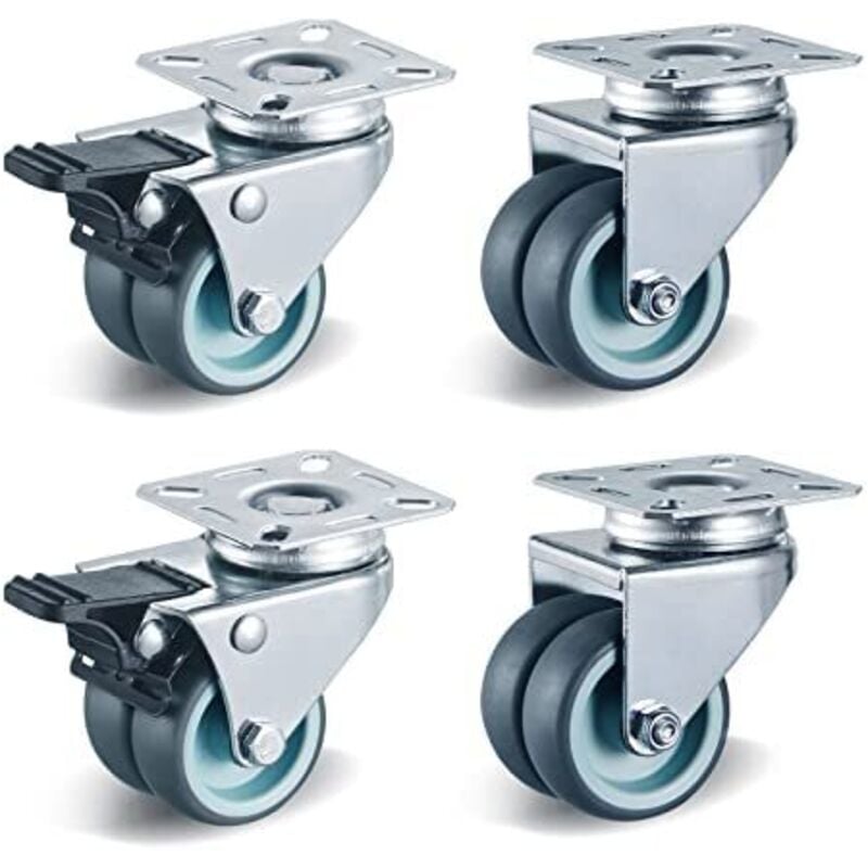 8 pcs Double roulettes Pivotantes, roulettes Transports 50 mm, roulettes de Meuble avec Frein, sans Bruit, 4 roulettes Freinées, 4 roulettes