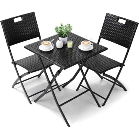 LIFERUN Balkonmöbel Set Bistro, Balkonmöbel Rattan Set, Bistro Gartenmöbel Set 3-teilige, Klappbar Balkontisch mit 2 Stühle, Schwarze Balkon Set, Balkonmöbel Klappbar, Rattan-Sitzgruppe