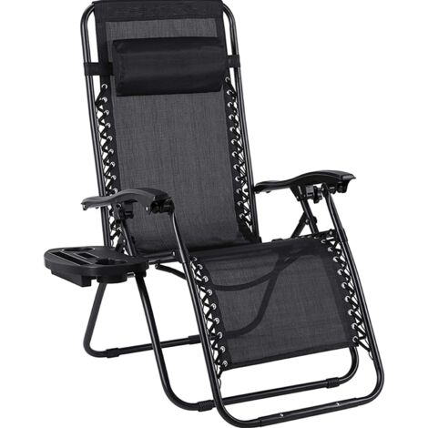 LIFERUN Chaise Longue Jardin, Ergonomique et Respirante Pliable, Fauteuils Relax Pliants avec Coussin de Tête Réglable et Porte-Gobelet, Structure en Acier, pour Jardin, Salon et Plage, Noir