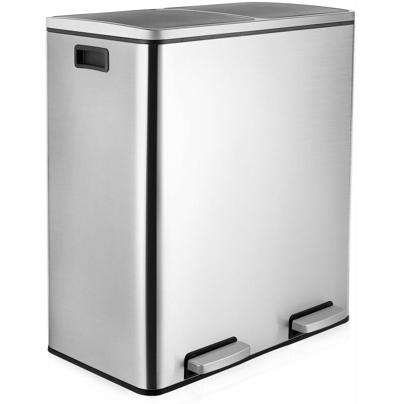 Liferun - Double Poubelle Compartiment 2 x 30L, avec 15 Sacs Poubelles, Poudales en Metal,Fermeture en Douceur, Argent et Noir