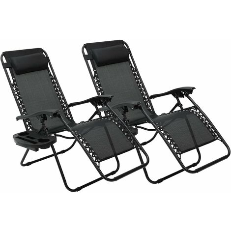LIFERUN Ensemble de chaises longues, pliables, avec repose-tête et dossier réglables, pour la pause déjeuner, avec porte-gobelet, ergonomique et respirant, noir