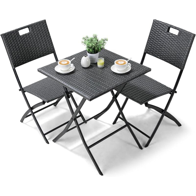 Ensemble de Meubles de Balcon 3 pièces, Salon de Jardin Pliable, Ensemble de Balcon en Rotin, 2 Chaises et 1 Table, Ensemble Bistrot Gris, Ensemble