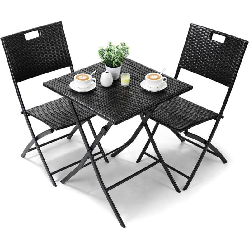 Ensemble de Meubles de Balcon 3 pièces, Salon de Jardin Pliable, Ensemble de Balcon en Rotin, 2 Chaises et 1 Table, Ensemble Bistrot Noir, Ensemble