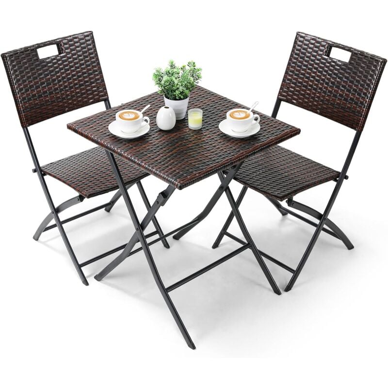 Ensemble de Meubles de Balcon, Salon de Jardin Pliable, Ensemble de Balcon en Rotin, 2 Chaises et 1 Table, Ensemble Bistrot Marron, Ensemble Table