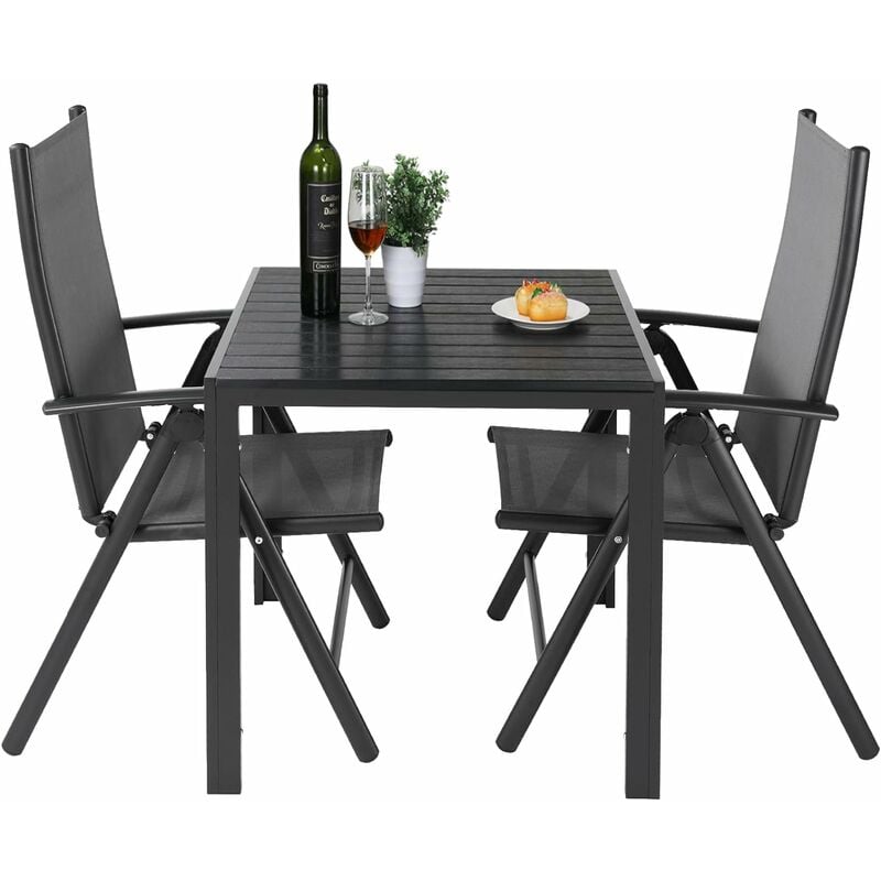 Ensemble de meubles de jardin 3 pièces avec 2 chaises pliantes en aluminium et wpc carré, résistant aux intempéries, pour vérandas, cours, terrasses,