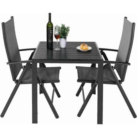 LIFERUN Ensemble de meubles de jardin 3 pièces avec 2 chaises pliantes en aluminium et WPC carré, résistant aux intempéries, pour vérandas, cours, terrasses, balcons, bords de piscine, noir