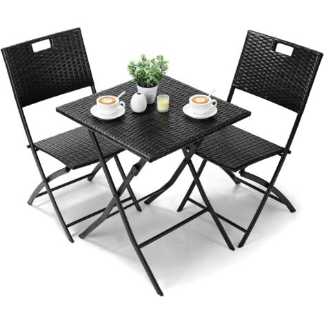 Liferun – Ensemble table et chaise de jardin 3 pièces – 2 chaises pliables en rotin PE – Table carrée 60x60cm – Noir pour balcon et terrasse