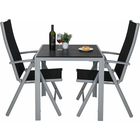 LIFERUN Gartenmöbel Set, 3-TLG Balkonmöbel mit 2pcs Aluminium Klappbar Hochlehner Gartenstuhl & WPC Quadratisch, Wetterfest für Veranden, Innenhöfe, Terrassen, Balkone, Poolränder, Silber Grau