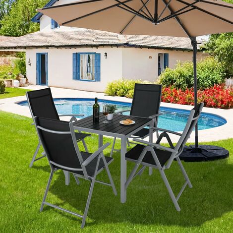 LIFERUN Gartenmöbel Set, 5-TLG Balkonmöbel mit 4pcs Aluminium Klappbar Hochlehner Gartenstuhl & WPC Quadratisch, Wetterfest für Veranden, Innenhöfe, Terrassen, Balkone, Poolränder, Silber Grau
