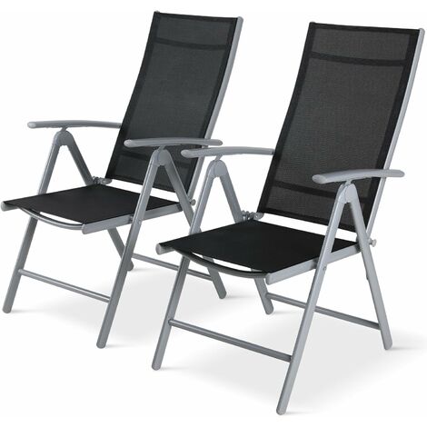 LIFERUN Lot de 2 chaises de jardin pliables à dossier haut en aluminium avec dossier réglable en 7 positions, jusqu'à 120 kg, légères, pour balcon, salle à manger, camping, extérieur, gris argenté